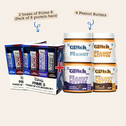 2 boxes of Prime 8 (Pack of 8 protein bars)+ 4 Peanut Butter (200gms)